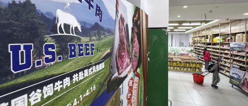 A billboard advertising U.S. beef at a supermarket in Beijing